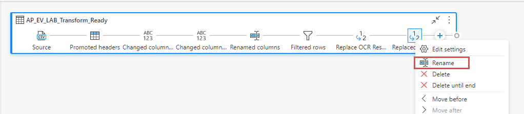 Capture d’écran de l’option Renommer permettant de renommer l’étape Valeur remplacée 1.