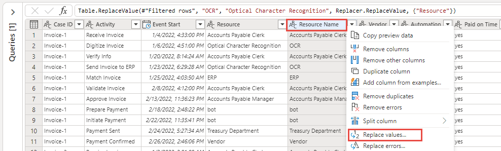 Capture d’écran de l’en-tête de colonne Resource Name cliqué illustrant l’option Remplacer des valeurs.