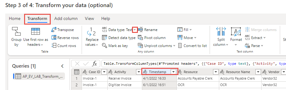 Capture d’écran de la colonne Timestamp sélectionnée et de la flèche déroulante Type de données cliquée dans l’onglet Transformer.