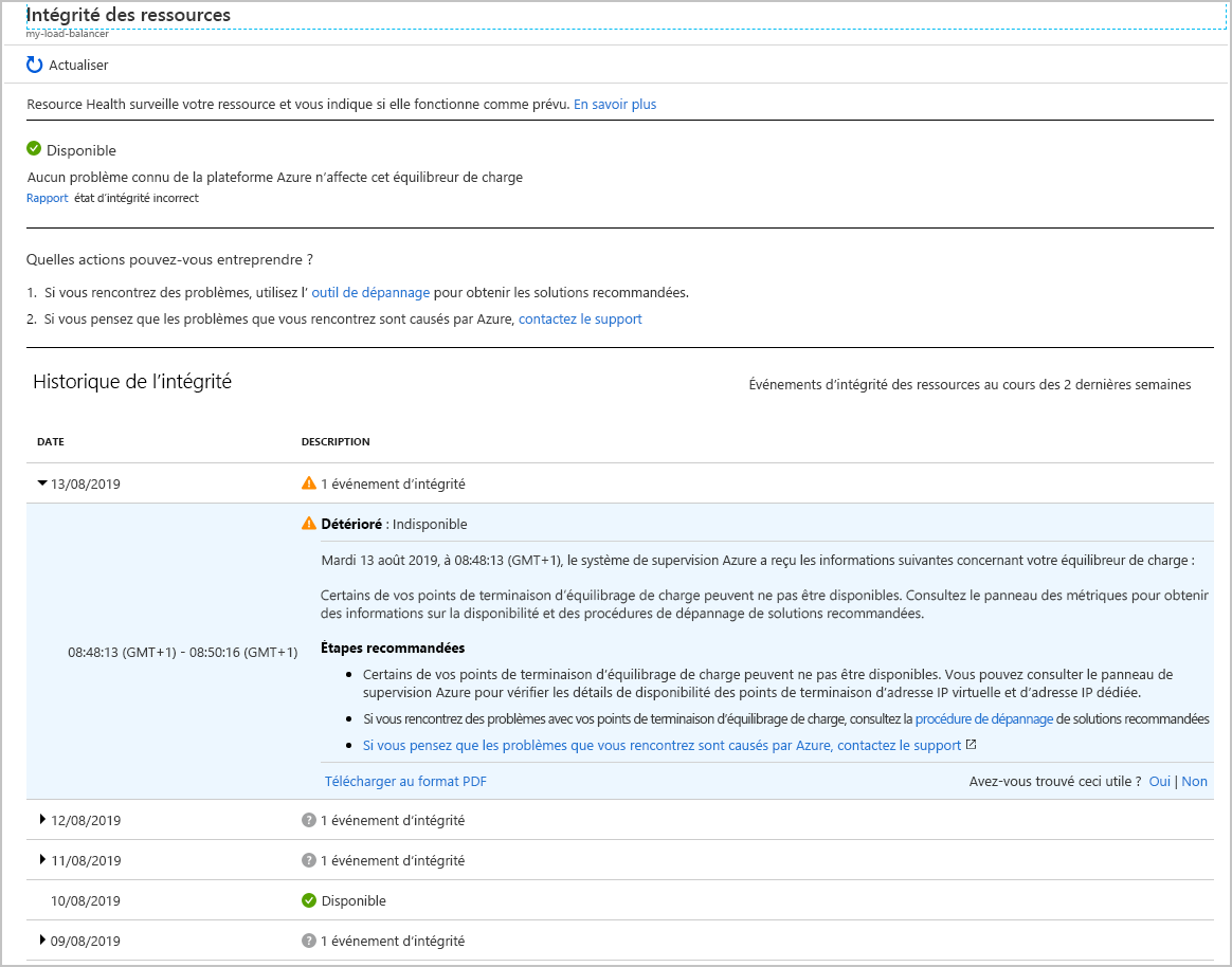 Screenshot of the Resource health page for Azure Load Balancer showing the report that indicates at least one endpoint is unavailable.