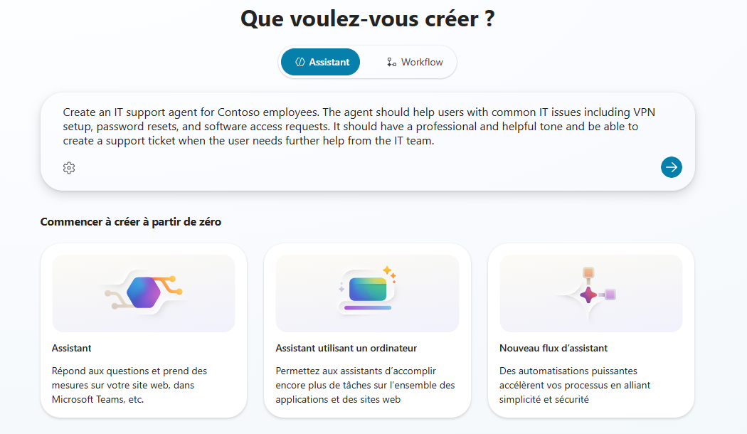 Capture d’écran de la Copilot Studio nouvelle interface de création d’agent montrant une description en langage naturel de l’agent de support informatique Contoso.