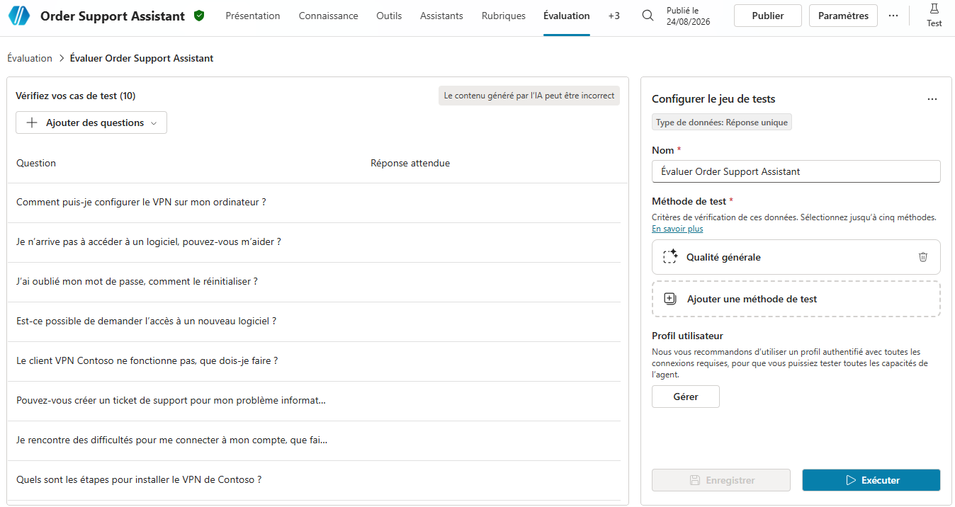 Capture d’écran de l’interface d’évaluation Copilot Studio montrant un jeu de tests avec des questions et des réponses attendues pour un assistant de support de commande.