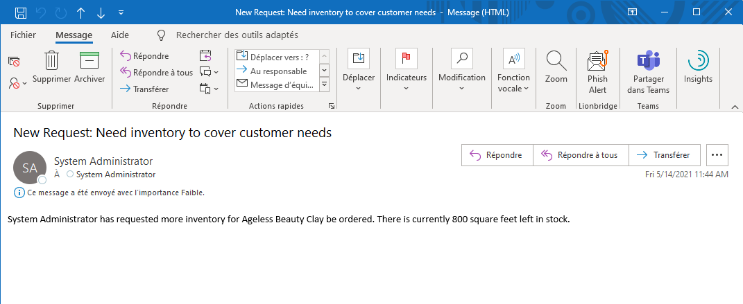 Exemple de l’e-mail envoyé lorsqu’une demande est enregistrée dans l’application