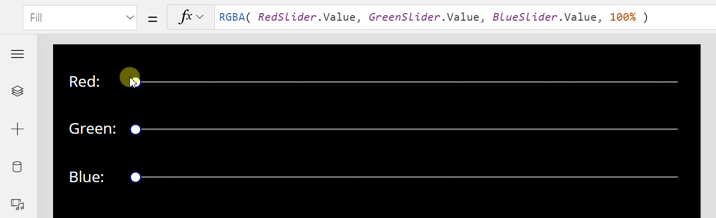 Formule Power Fx : Fill = RGBA( RedSlider.Value, GreenSlider.Value, BlueSLider.Value, 100% )