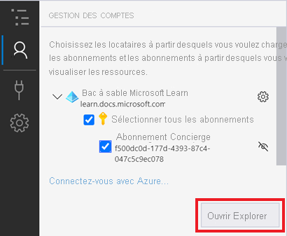 Capture d’écran montrant le panneau de gestion de compte après la connexion à un compte Azure.