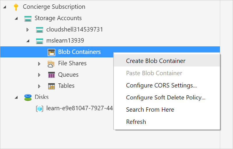 Capture d’écran montrant les options du menu contextuel du dossier Conteneurs d’objets blob.