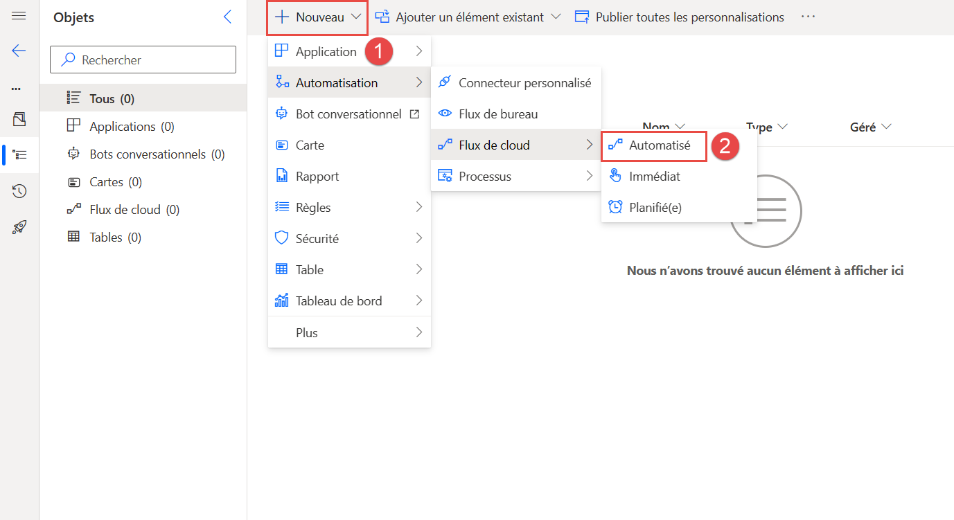 Capture d’écran du menu Nouveau  Automatisation avec les options Flux de cloud et Automatisé sélectionnées.