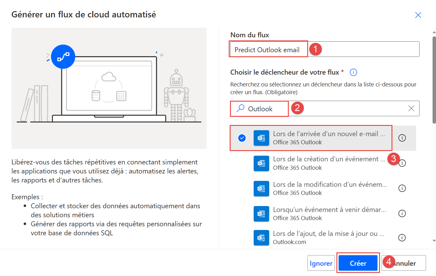 Capture d’écran des détails du flux avec le bouton Créer.