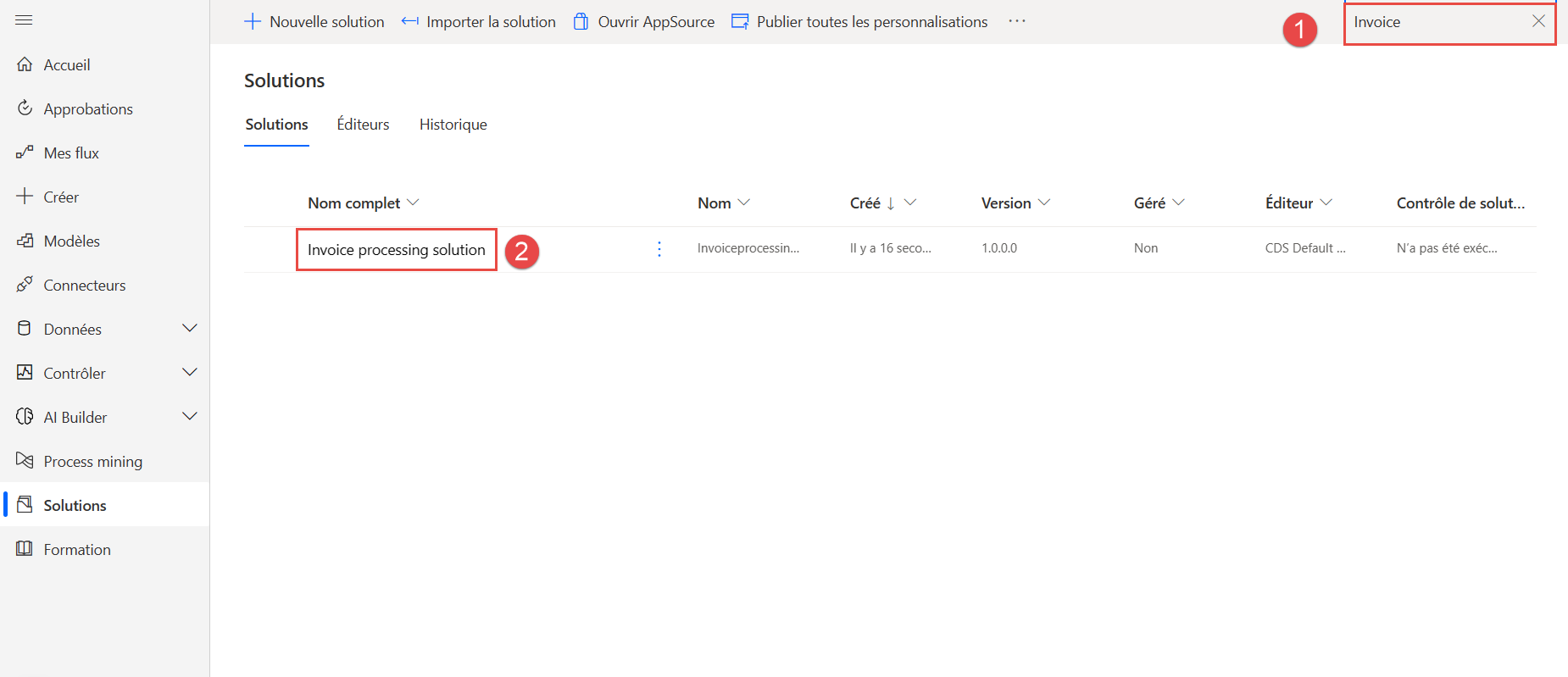 Capture d’écran de la page Solutions avec le nom d’affichage Solution de traitement des factures mis en évidence.