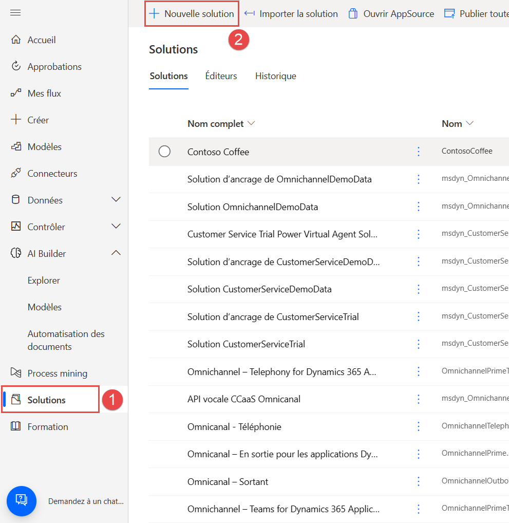 Capture d’écran de la page Solutions avec le bouton + Nouvelle solution.