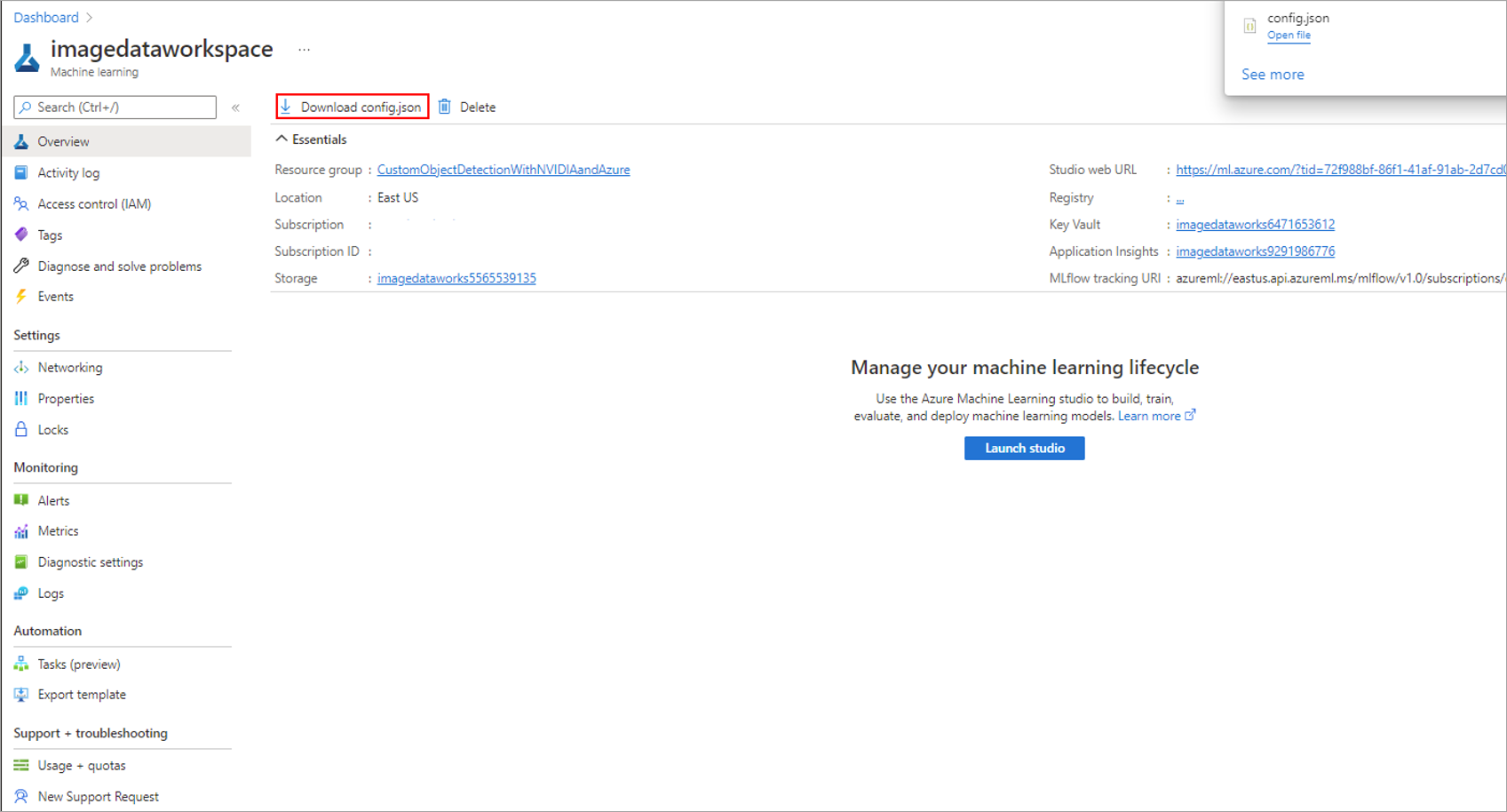 Capture d’écran montrant où télécharger la configuration de l’espace de travail Azure Machine Learning.