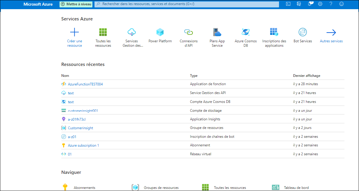Capture d’écran du Portail Azure et de la page des services.