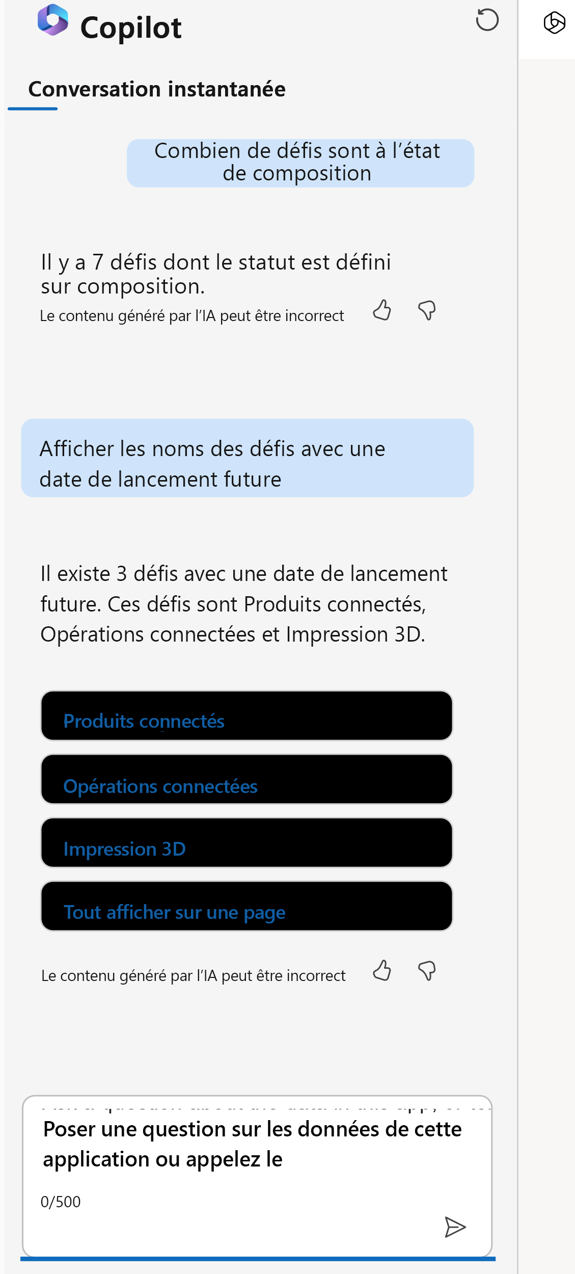 Capture d’écran de l’invite Copilot et des défis qui correspondent à la demande.