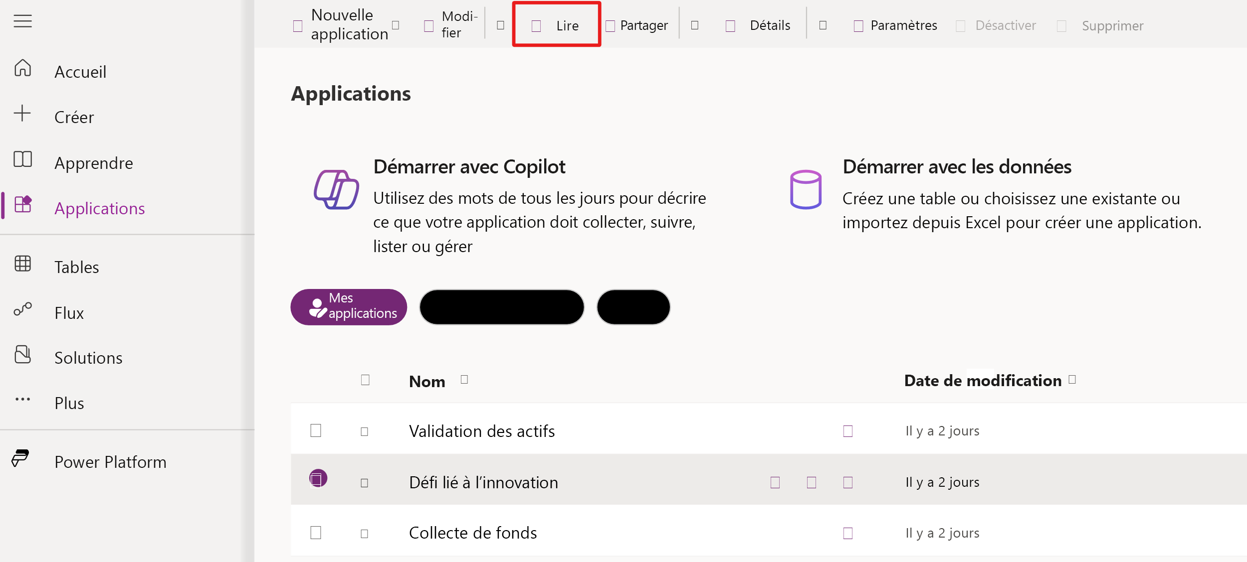 Capture d’écran du bouton Lire l’application.