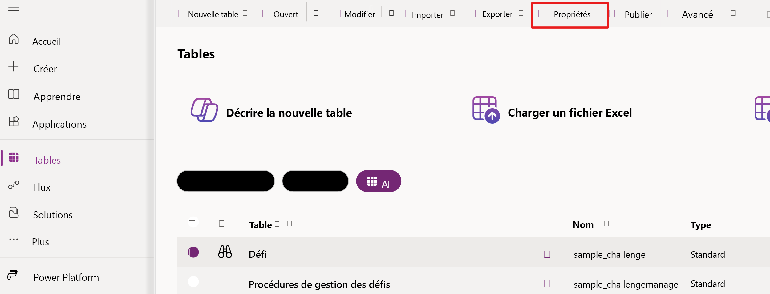 Capture d’écran du bouton Propriétés pour la table.