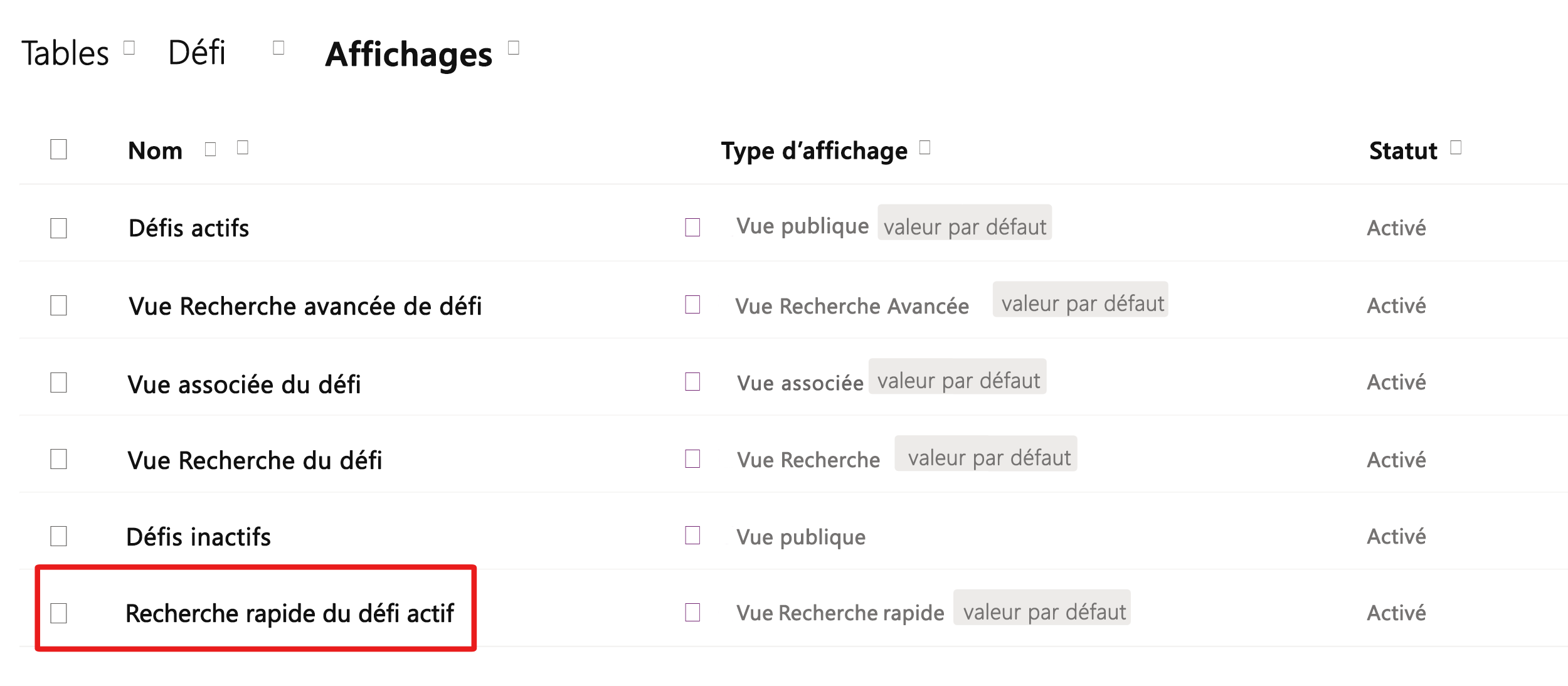 Capture d’écran de la vue Recherche rapide Défis actifs.