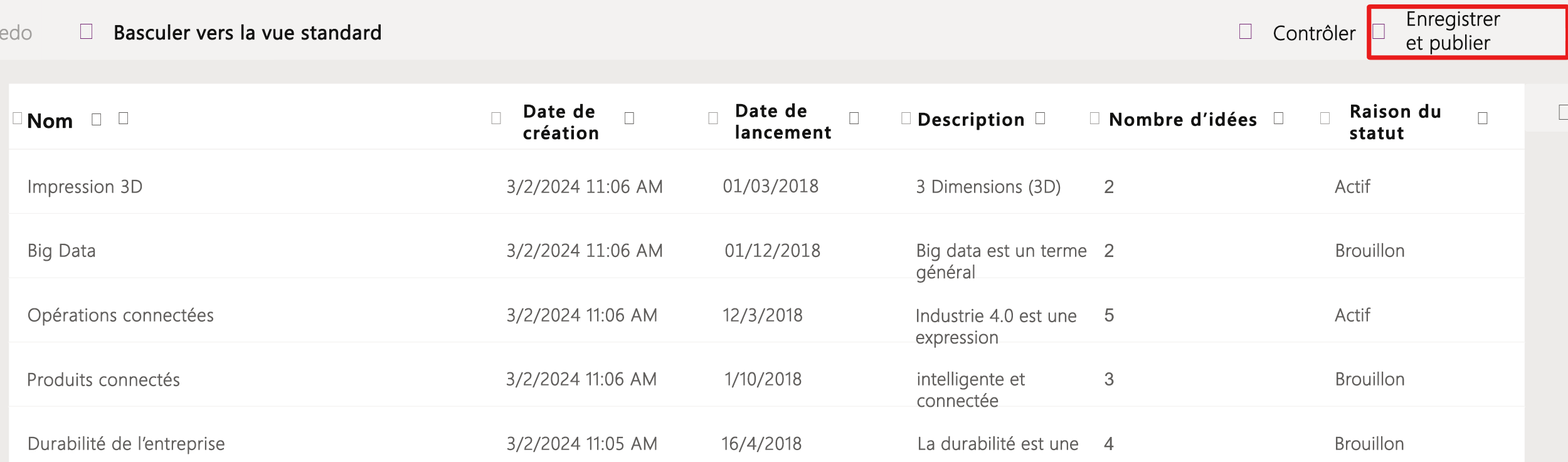 Capture d’écran du bouton Enregistrer et publier.