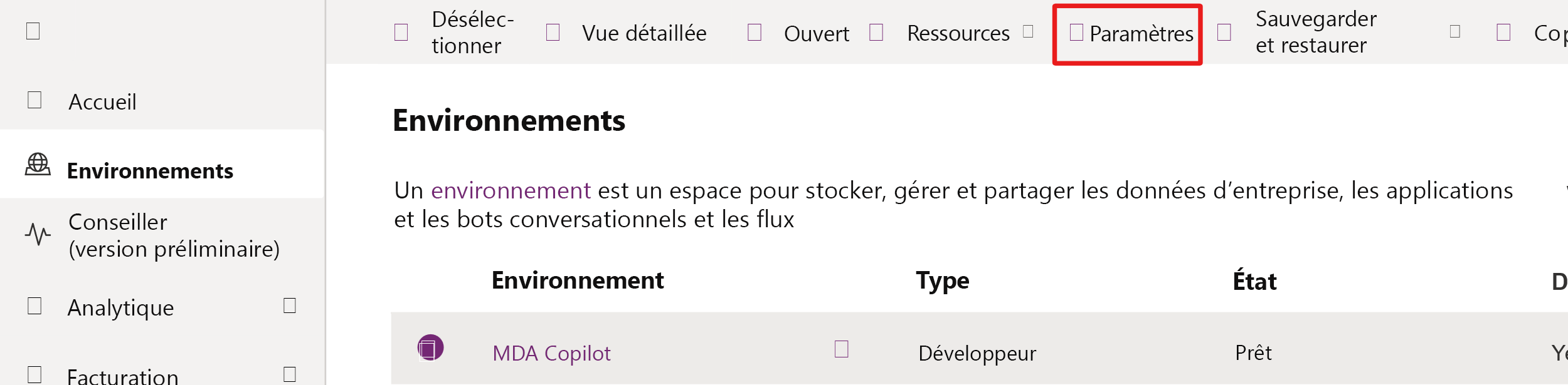 Capture d’écran du bouton Paramètres mis en évidence.