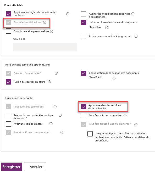 Capture d’écran illustrant les cases Suivre les modifications et Apparaître dans les résultats de la recherche cochées.