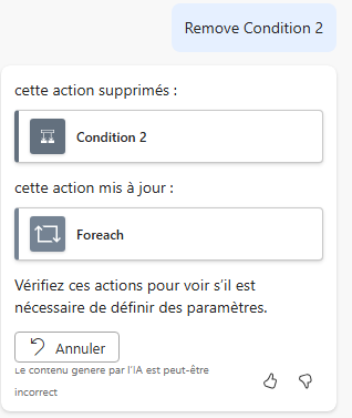 Capture d’écran illustrant l’invite Copilot avec le résultat de la suppression d’une étape de condition.