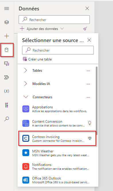 Capture d’écran illustrant le connecteur personnalisé Contoso Invoicing.
