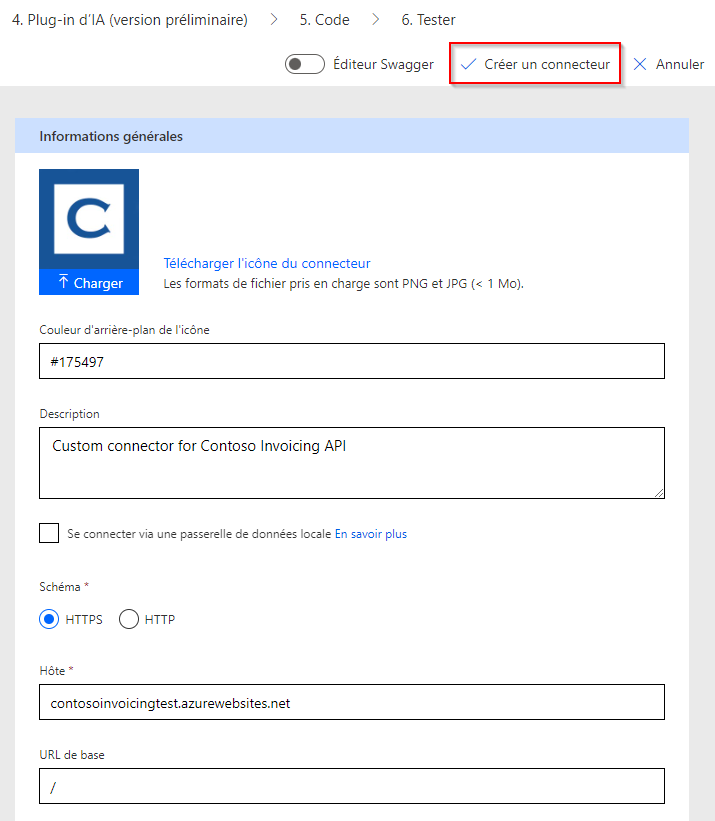 Capture d’écran du bouton Créer un connecteur personnalisé.