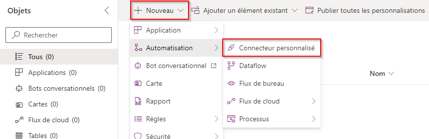 Capture d’écran d’une flèche pointant vers la création d’une connexion personnalisée.