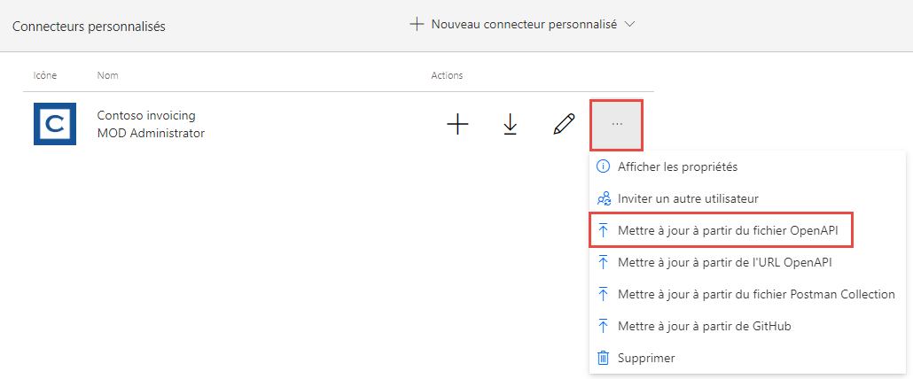 Capture d’écran d’une flèche pointant vers le bouton Mettre à jour à partir du fichier OpenAPI.