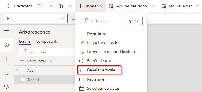 Capture d’écran illustrant le bouton Insérer et l’option Galerie verticale.