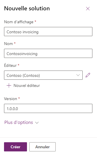 Capture d’écran des détails de la création d’une solution Contoso Invoicing.