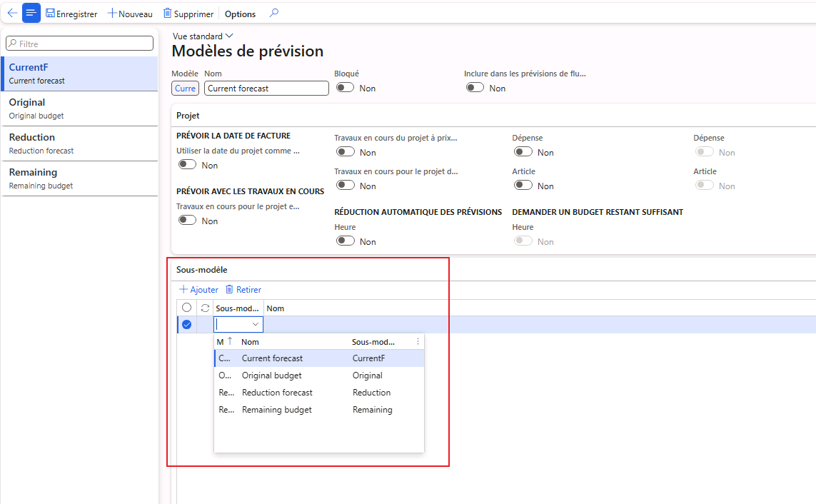 Capture d’écran des sous-modèles sur la page Modèles de prévision.