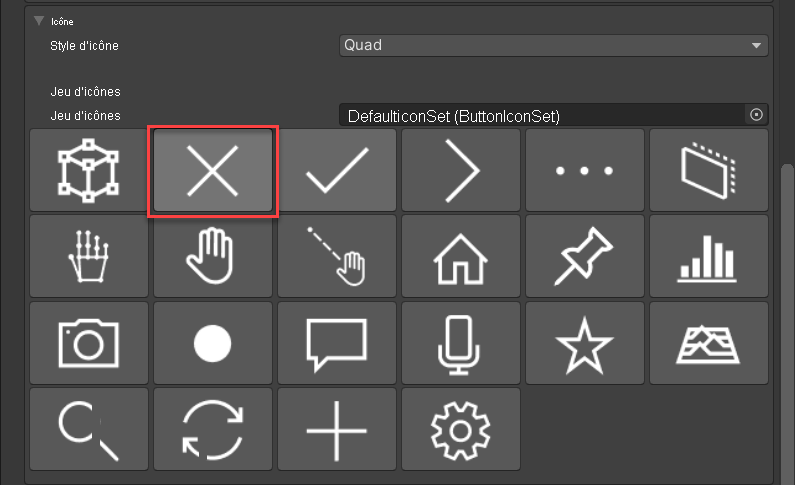 Screenshot of the icon set properties for the close card button object. The x icon is highlighted.