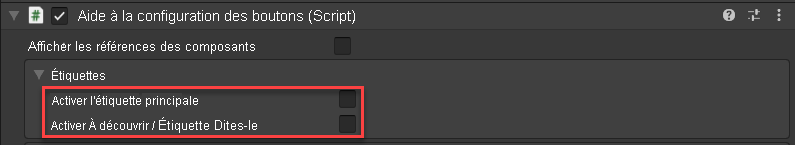Screenshot of the button config helper component for the close card button object. The enable main label and enable see it say it label properties are unchecked.