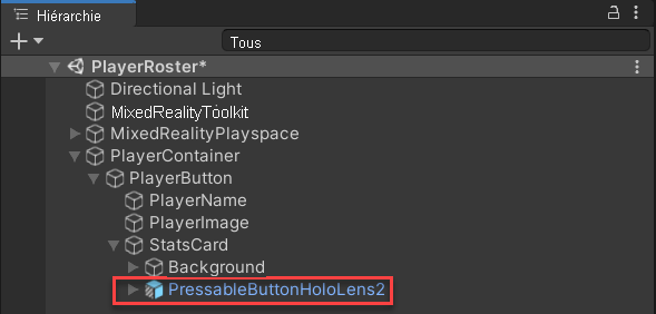 Screenshot of the hierarchy window. The pressable button hololens 2 object is highlighted as the child of the stats card object.