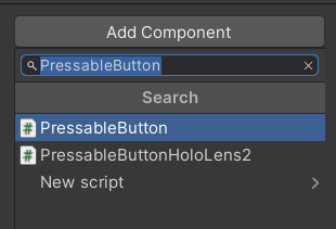 Screenshot of the search screen for adding a component. The search result is the pressable button script.