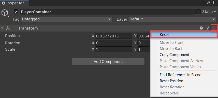 Screenshot of the inspector window. The plus icon and Reset menu item are highlighted.