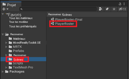 Screenshot of the Unity Project panel, with the Scenes folder highlighted and the PlayerRoster scene highlighted.