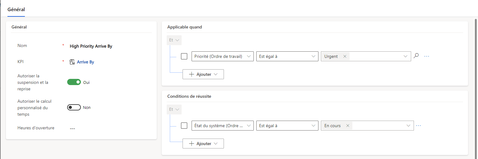 Capture d’écran de la définition des critères de réussite du SLA.