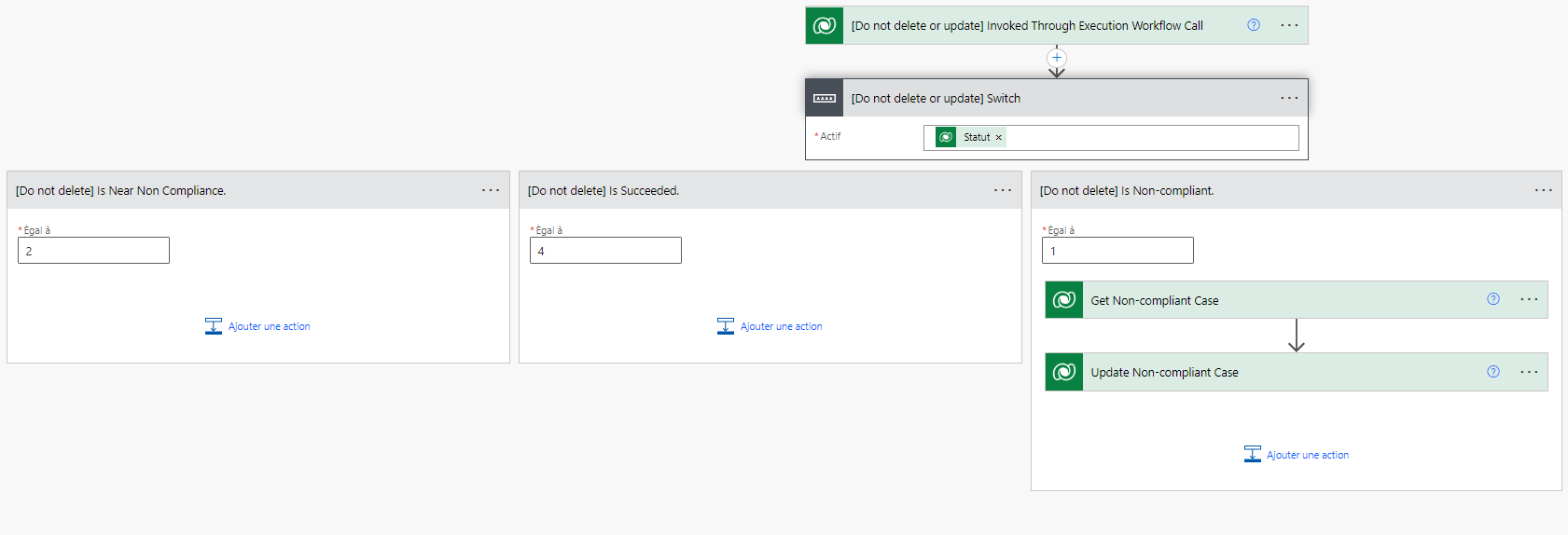 Capture d’écran des actions Power Automate déclenchées en cas de non-conformité.
