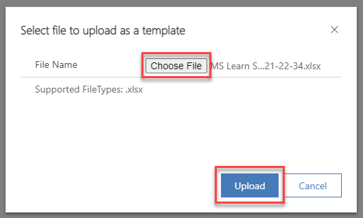 Capture d’écran du formulaire Sélectionner le fichier à charger comme modèle mettant en évidence les boutons Choisir un fichier et Charger.