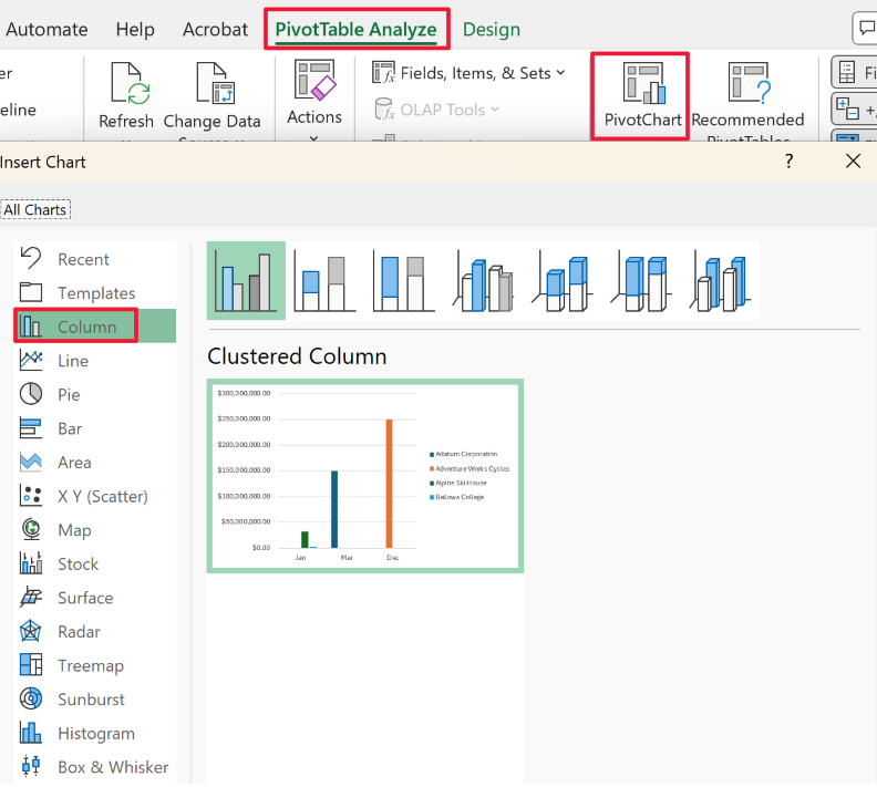 Capture d’écran du modèle de feuille de calcul Excel mettant l’accent sur le type de graphique Histogramme groupé et le bouton OK.
