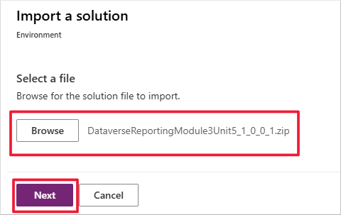 Capture d’écran du formulaire Importer une solution mettant en évidence les boutons Parcourir et Suivant.