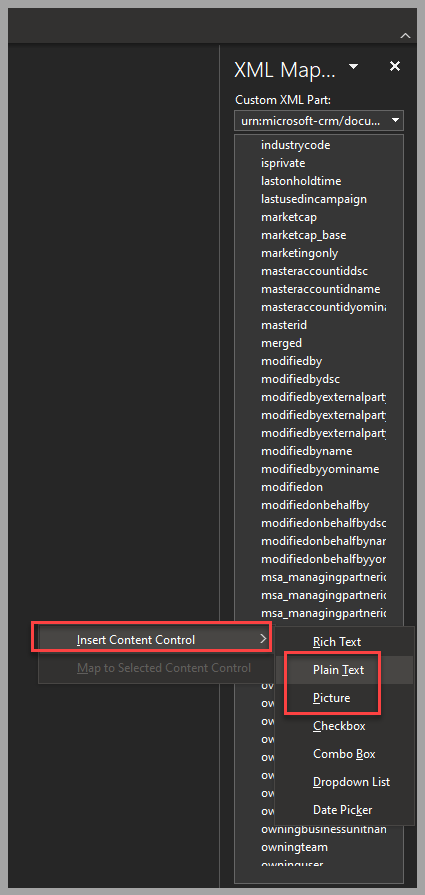 Capture d’écran de Microsoft Word mettant l’accent sur les options Plain Text et Picture sous le menu Insérer un contrôle de contenu dans le volet Mappage XML.