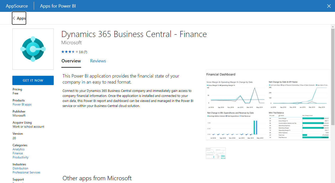 Capture d’écran de l’option Obtenir maintenant pour Business Central-Finance.