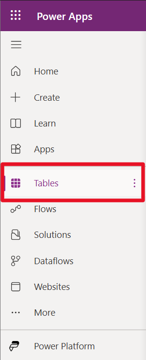 Capture d’écran du volet de navigation gauche des portails Power Apps mettant l’accent sur l’option Dataverse développée et la section Tables.