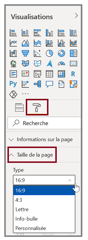 Image des options « Taille de la page » sous le volet Visualisations.