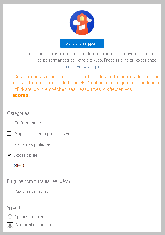 Capture d’écran de Lighthouse avec uniquement l’option Accessibilité sélectionnée sous Catégories avec Ordinateur de bureau sélectionné pour Appareil.