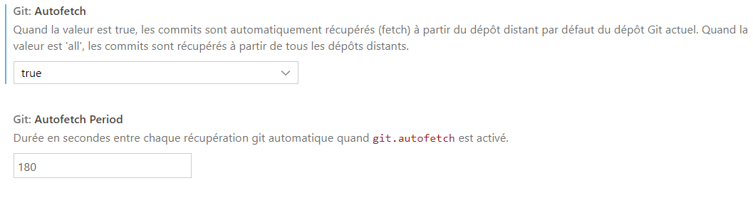 Capture d’écran du paramètre de récupération automatique dans Visual Studio Code.