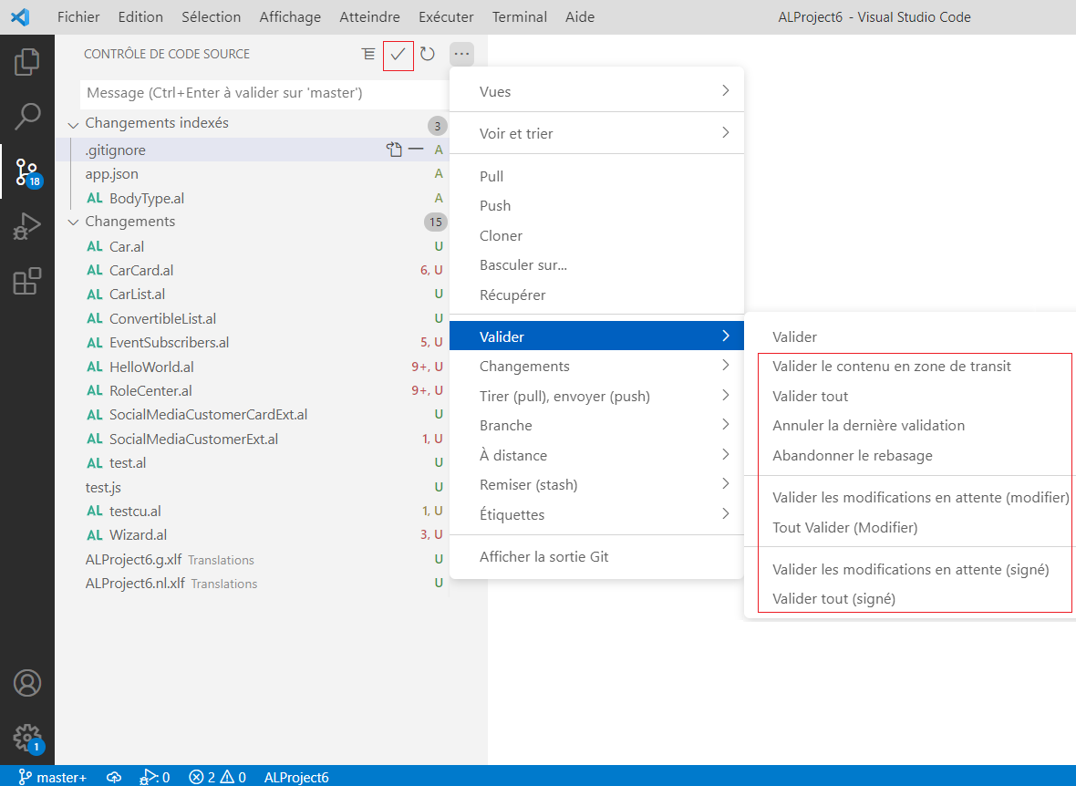 Capture d’écran de la validation de modifications dans Visual Studio Code.