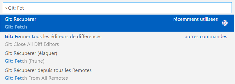 Capture d’écran des commandes Git fetch dans Visual Studio Code.